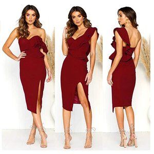 Wine Red Ruffle One Shoulder Sleeveless Dress
